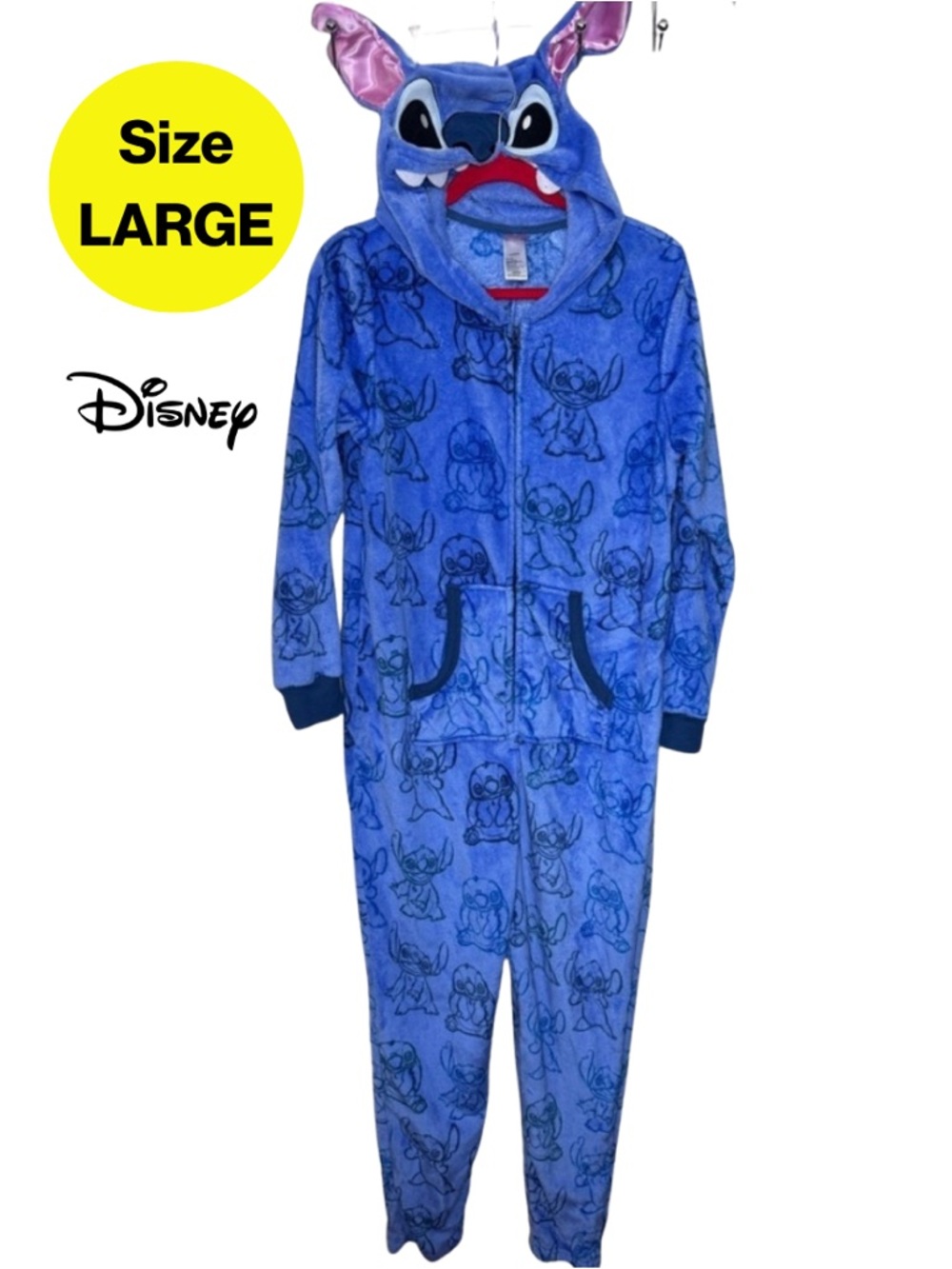 2/for $20 🪩 DISNEY’s STITCH Women’s Hooded Pajama Onesie, Pockets (Size Large)